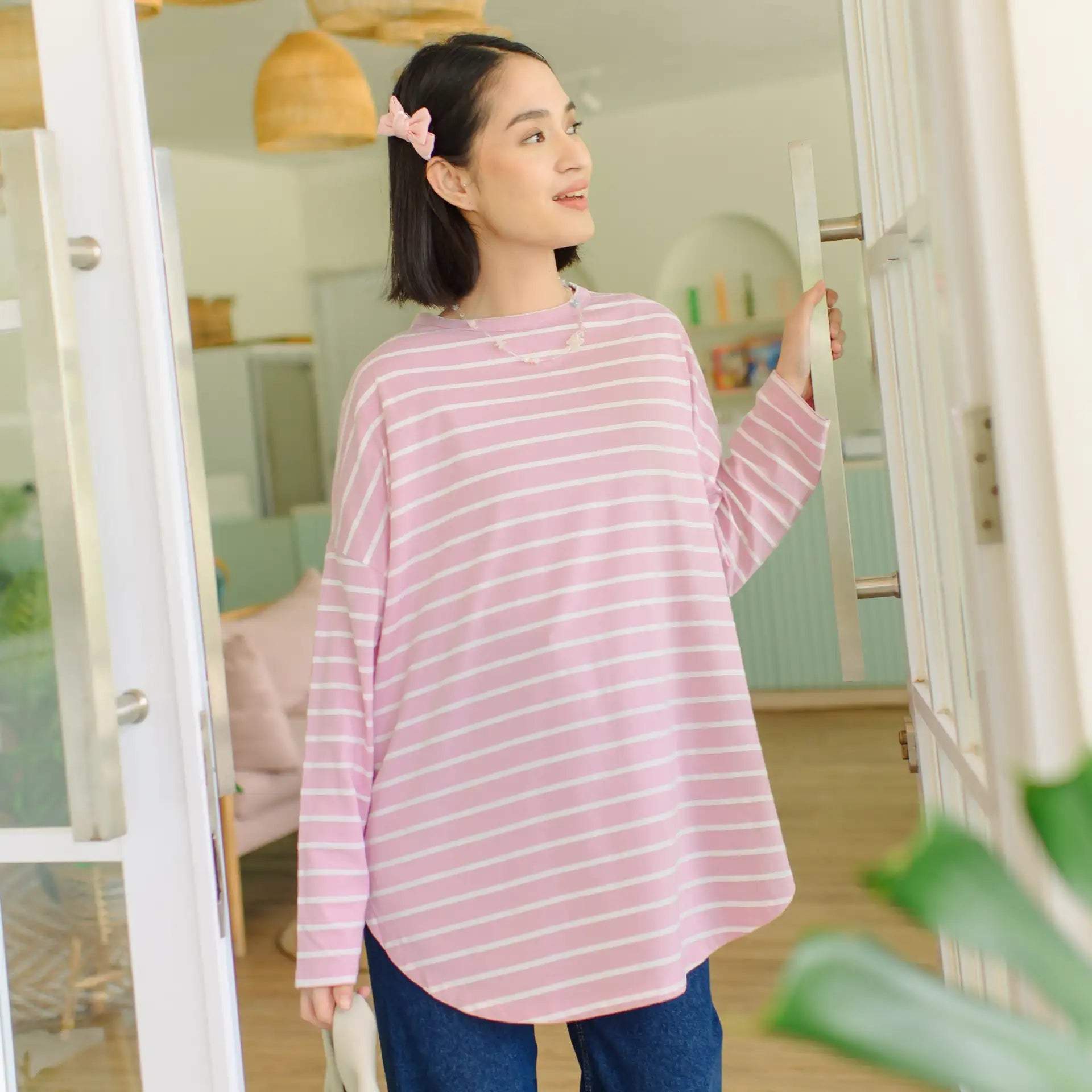 Mayumi Dusty Pink White Stripe Tops hijabchic 4