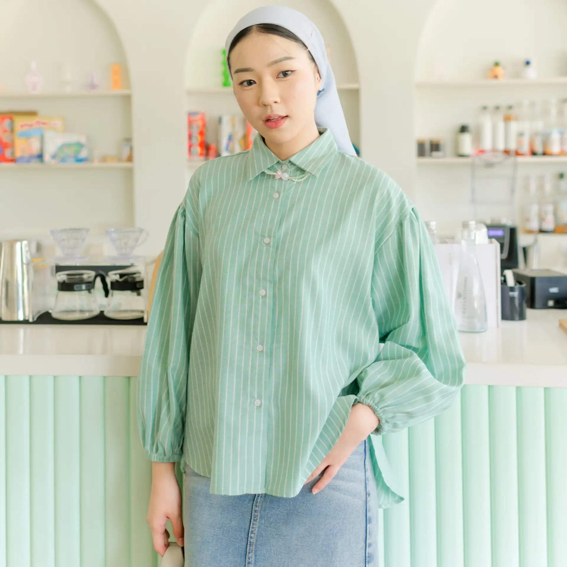 Mirai Jade Green Stripe Top HijabChic atasan kemeja 1