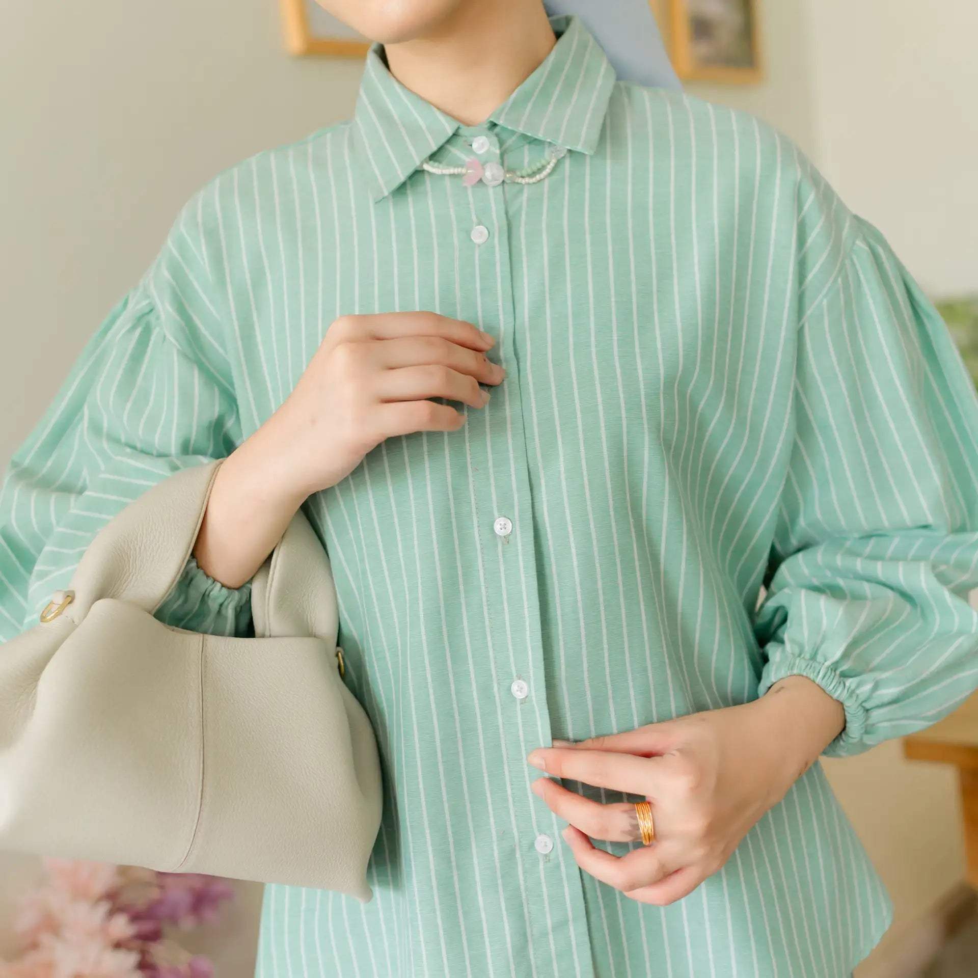 Mirai Jade Green Stripe Top HijabChic atasan kemeja 3