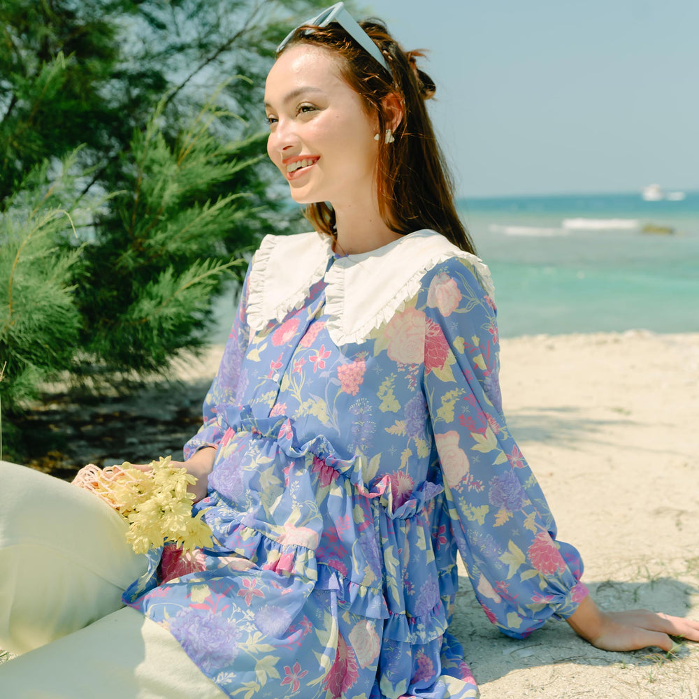 Narelle Flower Blue Tops | HijabChic