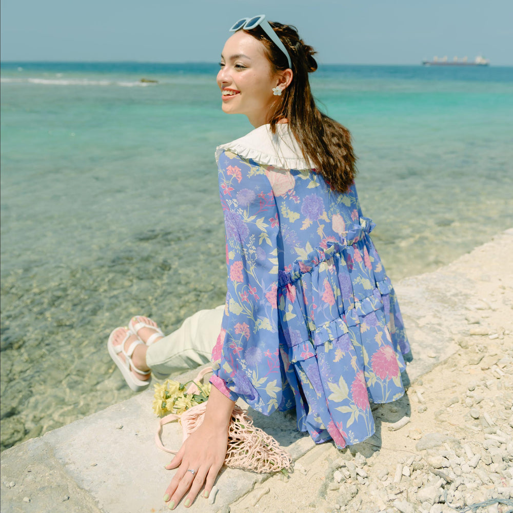 Narelle Flower Blue Tops | HijabChic
