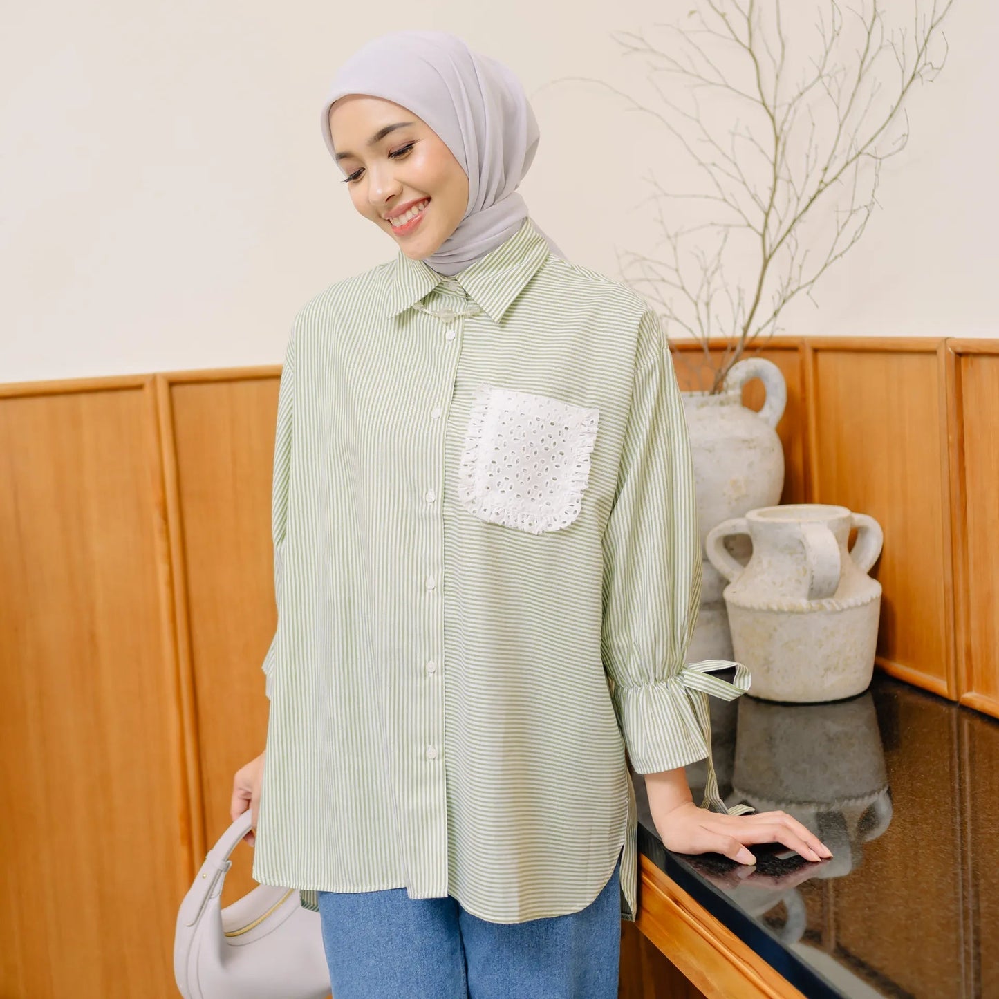 Napoli Stripe Olive Tops | HijabChic