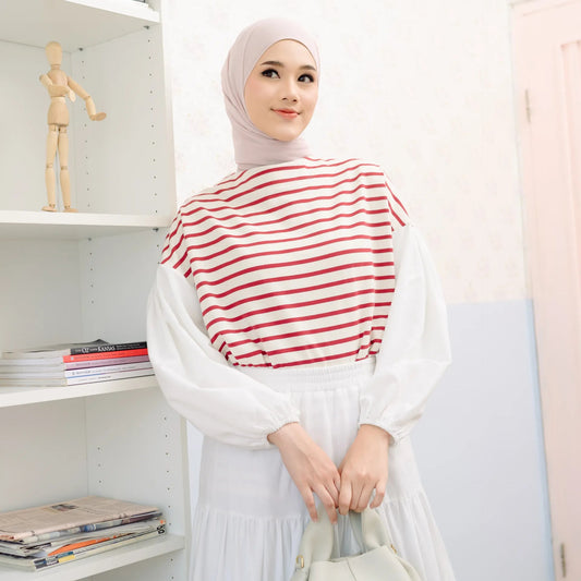 Sandy Red Cherry Stripe Tops | HijabChic