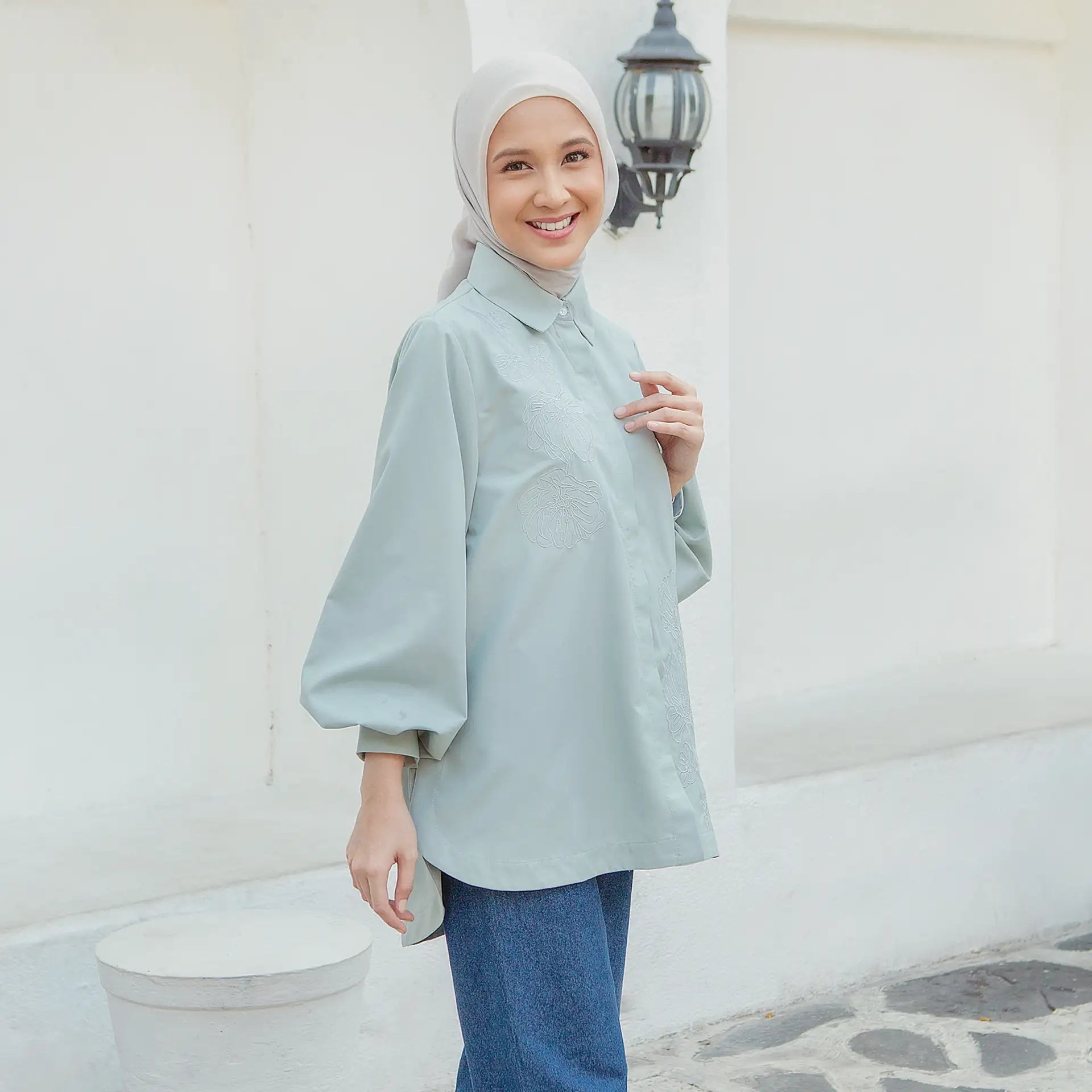 laeticia embroidery sage top hijabchic kemeja sage