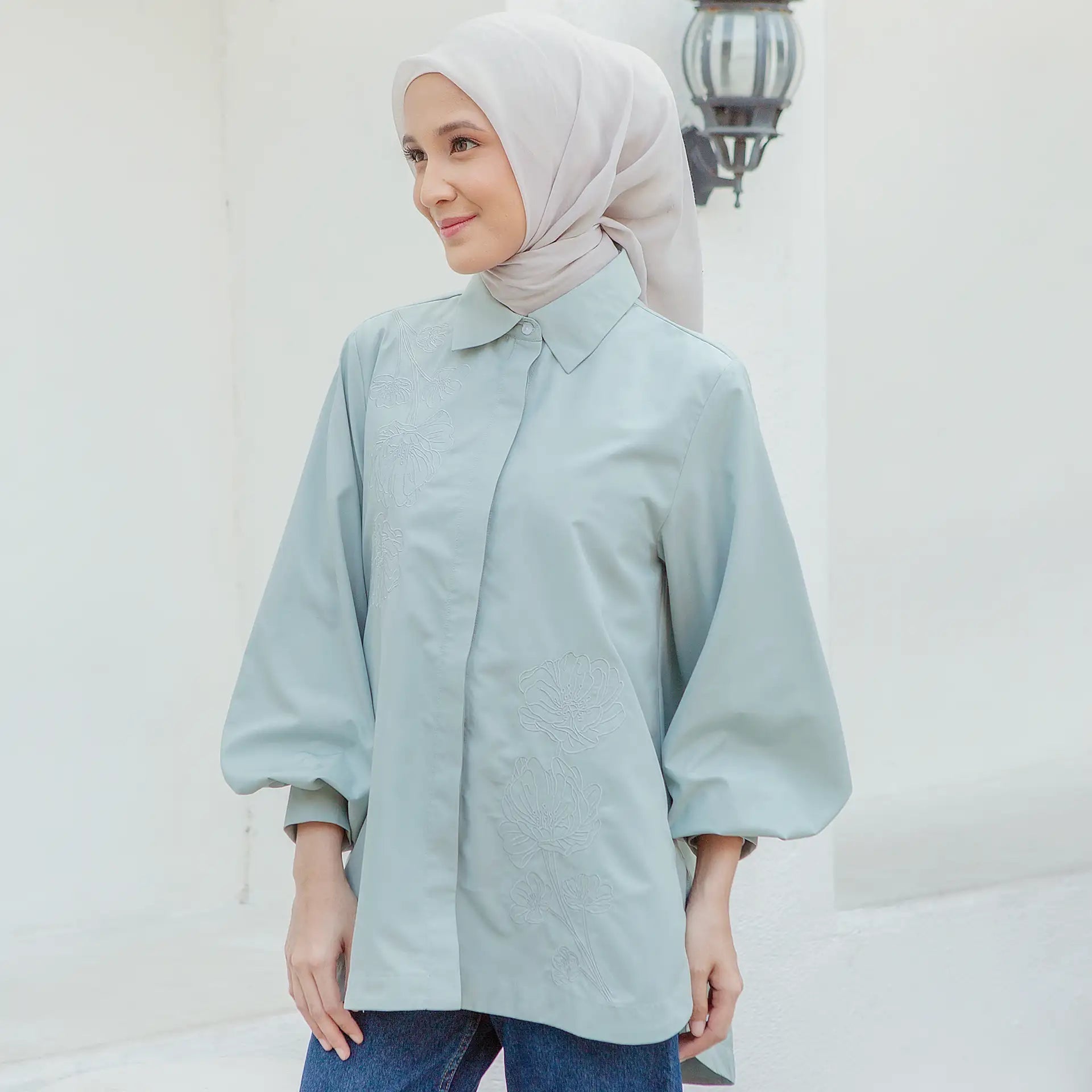 laeticia embroidery sage top hijabchic kemeja sage