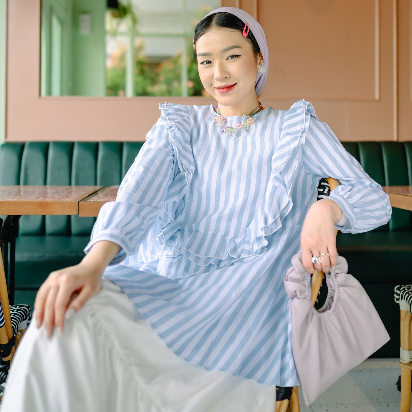 Zalina Sky Blue Stripe Tops | HijabChic