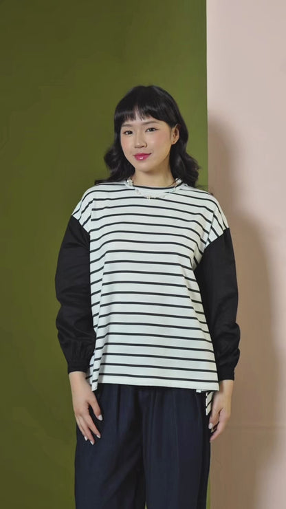 Safiya Broken White Stripe Top -  Kaos Combed Lengan Balon