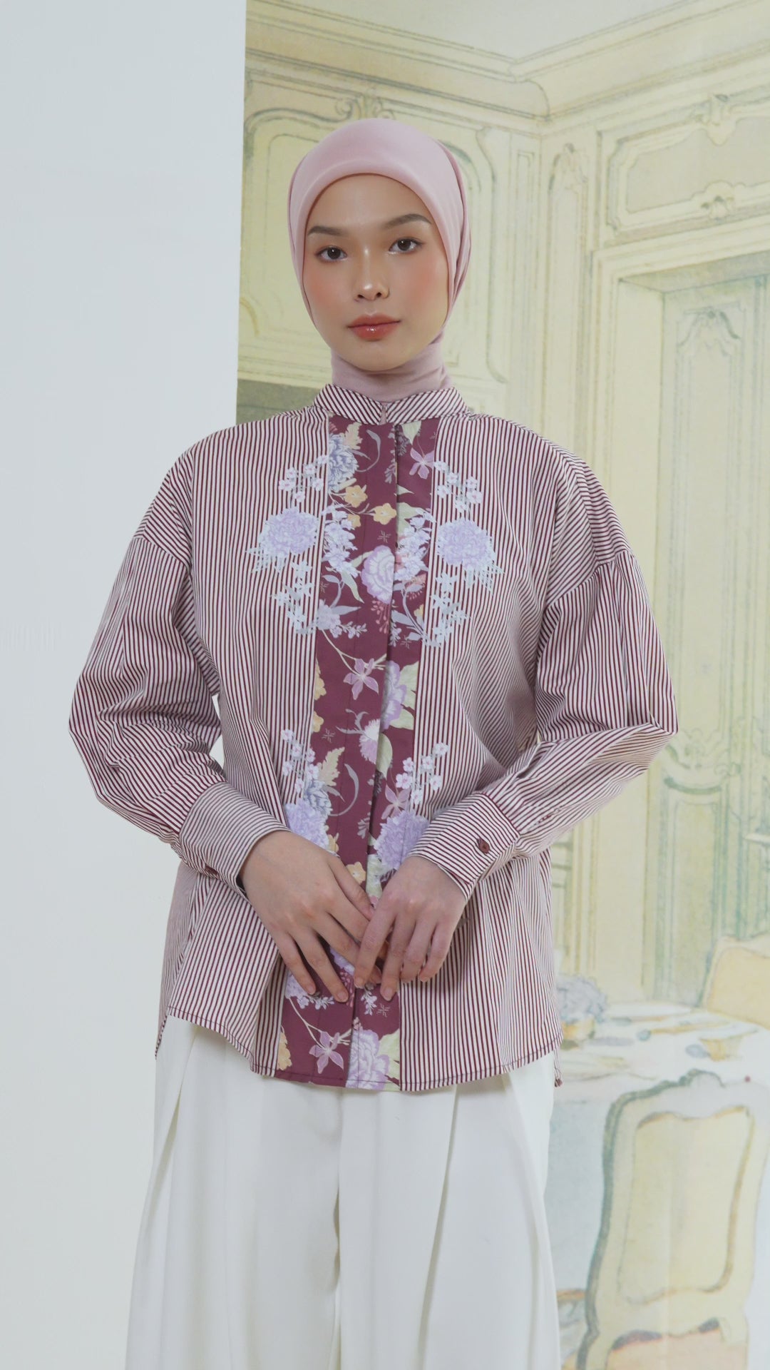 Florence Top - Kemeja Katun Stripe Kombinasi Bunga